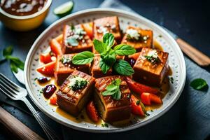 uma prato do tofu com tomates e manjericão. gerado por IA foto