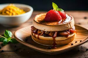 uma morango e bacon sanduíche em uma de madeira placa. gerado por IA foto