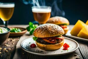 uma Hamburger com queijo, tomates e uma cerveja. gerado por IA foto