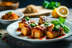 uma prato do tofu com molho e legumes. gerado por IA foto