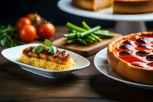 uma mesa com Comida e uma torta em isto. gerado por IA foto