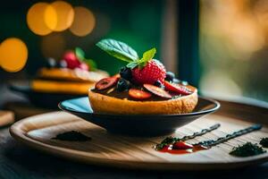 uma sobremesa com bagas e chocolate em uma placa. gerado por IA foto