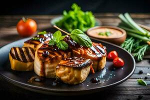 grelhado frango em uma prato com legumes. gerado por IA foto