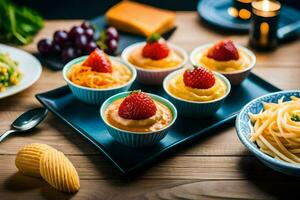 uma mesa com taças do Comida e uma prato com morangos. gerado por IA foto