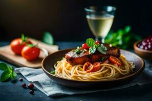 espaguete com carne e tomates em uma placa. gerado por IA foto