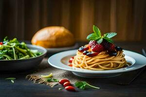 espaguete com bagas e salada em uma de madeira mesa. gerado por IA foto