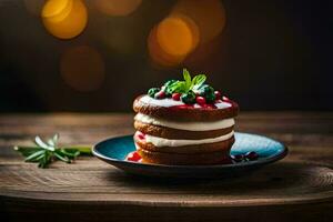 uma pilha do panquecas com creme e bagas. gerado por IA foto