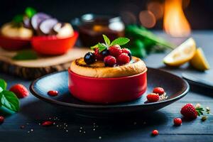 uma sobremesa com bagas e uma vermelho prato em uma mesa. gerado por IA foto