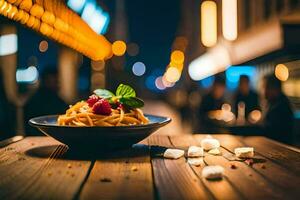 espaguete com bagas e queijo em uma de madeira mesa. gerado por IA foto
