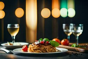 uma prato do espaguete com tomates e manjericão em uma mesa. gerado por IA foto