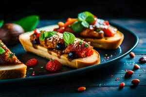 Comida em uma prato com pão e fruta. gerado por IA foto