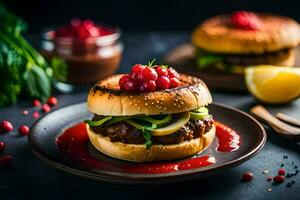 uma Hamburger com cranberries e uma molho. gerado por IA foto