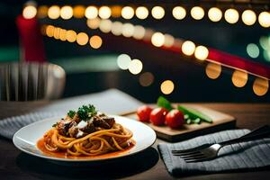 uma prato do espaguete com carne e tomate molho em uma de madeira mesa. gerado por IA foto