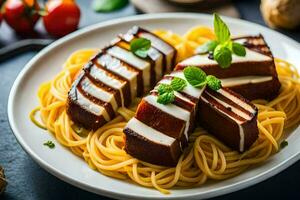 uma prato do espaguete com carne e queijo. gerado por IA foto