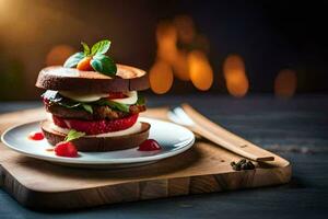 uma Hamburger com tomate, queijo e manjericão em uma placa. gerado por IA foto