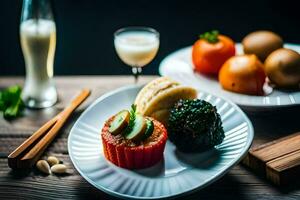 uma prato com Comida e uma vidro do leite. gerado por IA foto