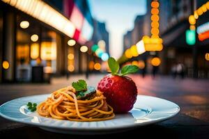 uma prato do espaguete e uma morango em uma prato dentro a meio do uma cidade rua. gerado por IA foto