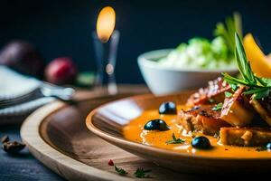 uma prato do Comida com carne e legumes. gerado por IA foto