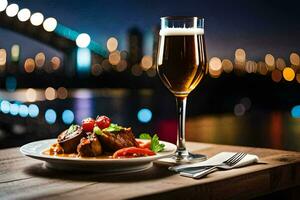 uma prato do Comida e uma vidro do Cerveja em uma mesa dentro frente do uma cidade Horizonte. gerado por IA foto