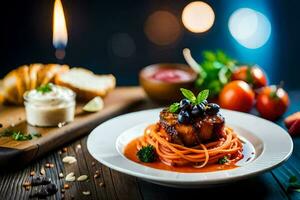uma prato do Comida com espaguete e carne em uma mesa. gerado por IA foto