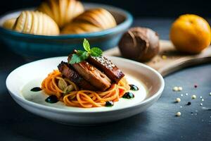 uma prato do Comida com Macarrão e eu no. gerado por IA foto