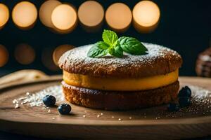 uma sobremesa com uma creme queijo o preenchimento e amoras. gerado por IA foto