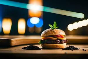 uma Hamburger em uma de madeira mesa com luzes dentro a fundo. gerado por IA foto
