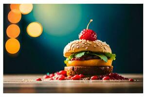 uma Hamburger com bagas e uma cereja em topo. gerado por IA foto
