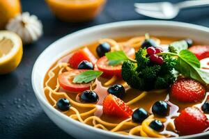 uma tigela do Macarrão com legumes e fruta. gerado por IA foto