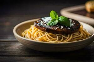 uma prato do espaguete com carne e manjericão. gerado por IA foto
