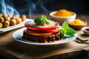 uma prato do Comida com carne, legumes e especiarias. gerado por IA foto