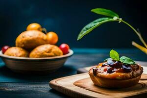 uma pequeno pastelaria com fruta e uma tigela do fruta. gerado por IA foto