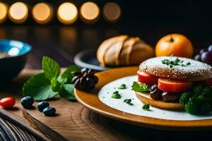 uma sanduíche com legumes e fruta em uma placa. gerado por IA foto