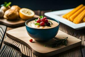 uma tigela do sopa com uma limão e uma tigela do cenouras. gerado por IA foto