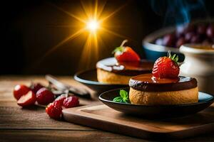 dois bolos com morangos e chocolate em uma de madeira mesa. gerado por IA foto