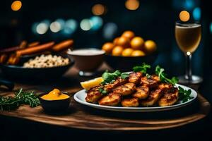 uma prato do Comida com frango e legumes. gerado por IA foto