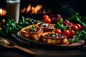 Comida em uma mesa com uma fogo dentro a fundo. gerado por IA foto