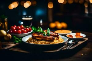 a Comida é servido em uma de madeira mesa com uma vidro do vinho. gerado por IA foto