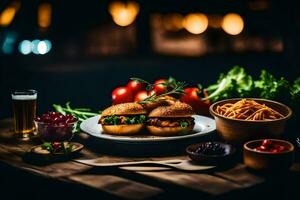 Comida em uma mesa com uma garrafa do cerveja. gerado por IA foto