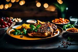 grelhado bife em uma prato com legumes e de outros Comida. gerado por IA foto