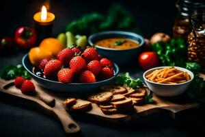 uma mesa com morangos, pão e de outros alimentos. gerado por IA foto