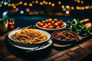 uma mesa com massa, tomates e de outros Comida. gerado por IA foto