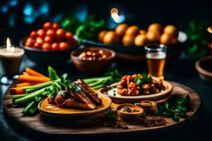 uma mesa com Comida e bebidas em isto. gerado por IA foto