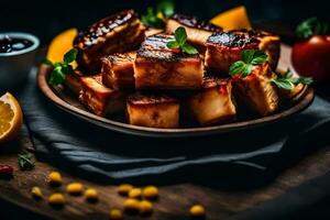 uma prato do tofu com legumes e citrino. gerado por IA foto