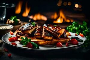 grelhado carne de porco costeletas em uma prato com tomates e ervas. gerado por IA foto