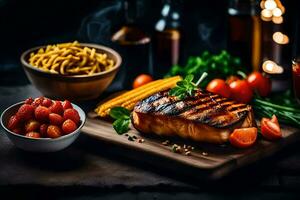 grelhado bife com legumes e de outros alimentos. gerado por IA foto