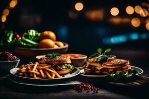 dois pratos com sanduíches e fritas em uma mesa. gerado por IA foto