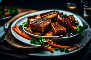 grelhado tofu em uma prato com cenouras e salsinha. gerado por IA foto