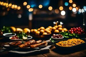 uma mesa com Comida e bebidas em isto. gerado por IA foto