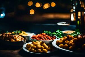 uma mesa com pratos do Comida e bebidas. gerado por IA foto